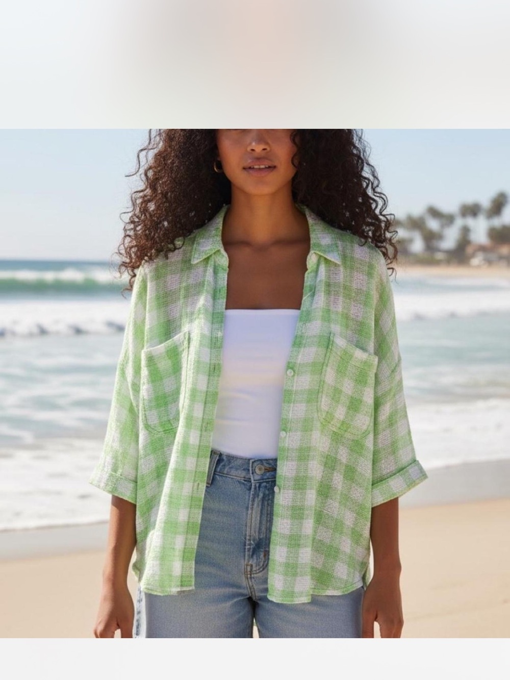 Light Green Gingham Button-Down Shirt